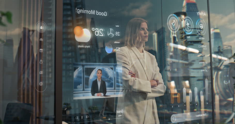 Woman Stands by a Smart Glass Window Overlooking a Futuristic City, Holographic Dashboards Showing Weather, Health, News and Activity Data. Connected Urban Living. Static Medium Wide Shot
