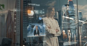 Woman Stands by a Smart Glass Window Overlooking a Futuristic City, Holographic Dashboards Showing Weather, Health, News and Activity Data. Connected Urban Living. Static Medium Wide Shot - Powered by Shutterstock - Get 15% off with code: PIKWIZARD15