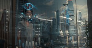 Asian Woman Interacts With Futuristic Holographic Window Displaying Health Data and Heart Rate Infographics, Fitness Metrics. Innovative Augmented Reality Interface and Futuristic City in Reflection - Powered by Shutterstock - Get 15% off with code: PIKWIZARD15