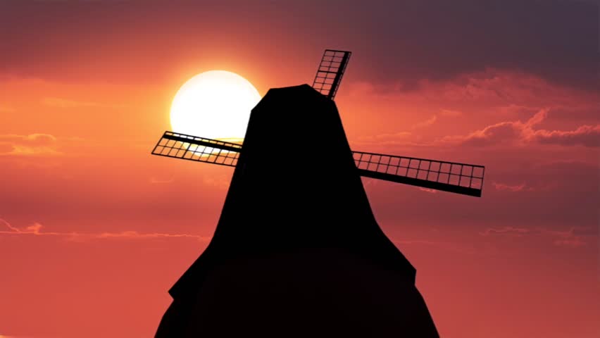 A silhouetted windmill stands against a dramatic orange sunset sky, with small birds flying near the glowing sun and soft evening clouds in the background