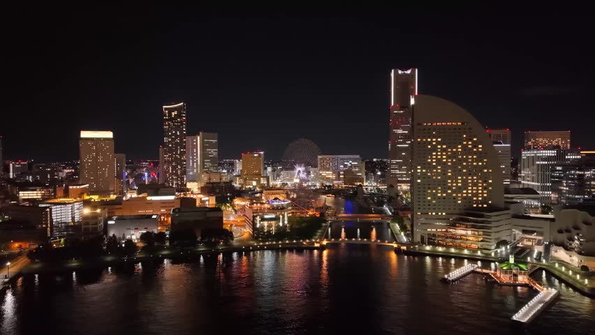 Yokohama Red Brick Warehouse at night aerial view