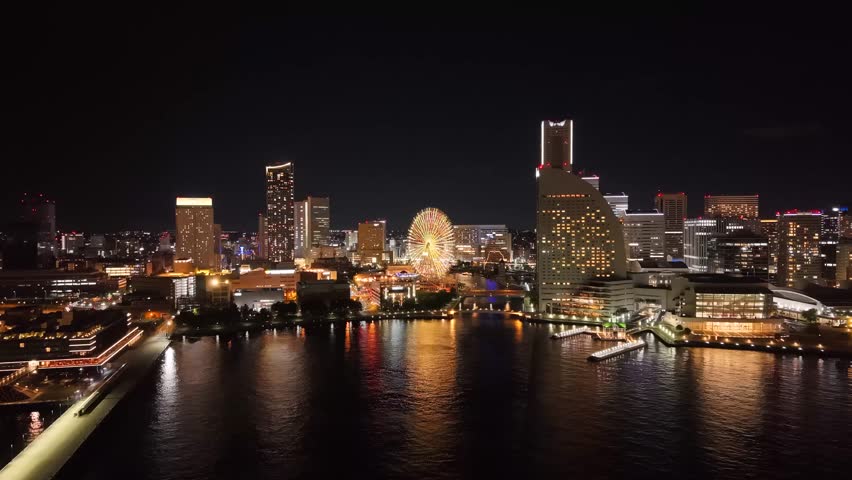 Yokohama Minato Mirai skyline at night aerial view