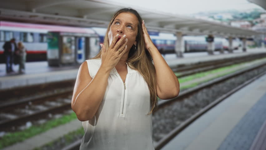 Woman hand to mouth yawning and stretching arms on a train platform building, tracks visible; commute tired.