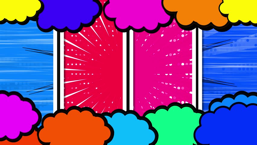 Vibrant Pop Art Comic Book Background With Two Central Empty Panels For Creative Content. Features Multi colored Speech Bubbles, Sunburst Rays, And White Stars. The Left Panel Transitions Through A