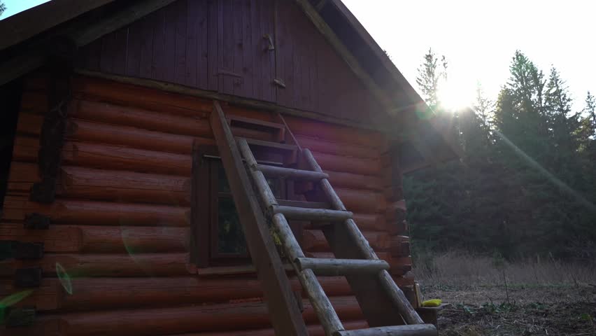 Ladder placed against cabin during sunset near forest in rural area. Gorgany Range. Spring Hiking in Carpathian Mountains. Ukraine