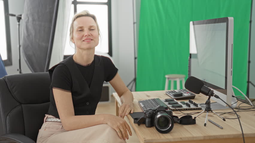 Woman photographer seated at desk with camera and microphone, hands on keyboard in a studio; concentration.