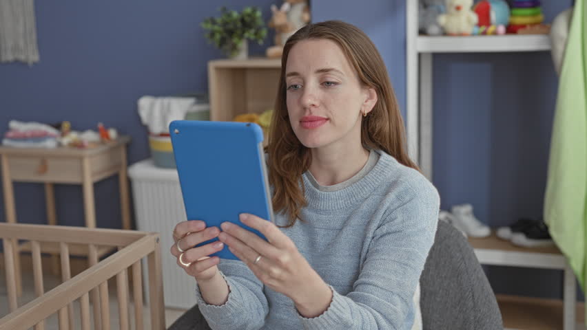 Woman holding a blue tablet and smiling with hands visible while seated beside a baby crib in a nursery building; bonding joy.