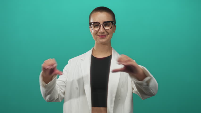 Woman with buzzcut makes heart with hands in studio wearing white jacket and black crop top; joyful kindness.