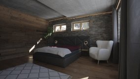 Sunbeam moves across a modern rustic bedroom with stone and wood walls in an alpine chalet - Powered by Shutterstock - Get 15% off with code: PIKWIZARD15