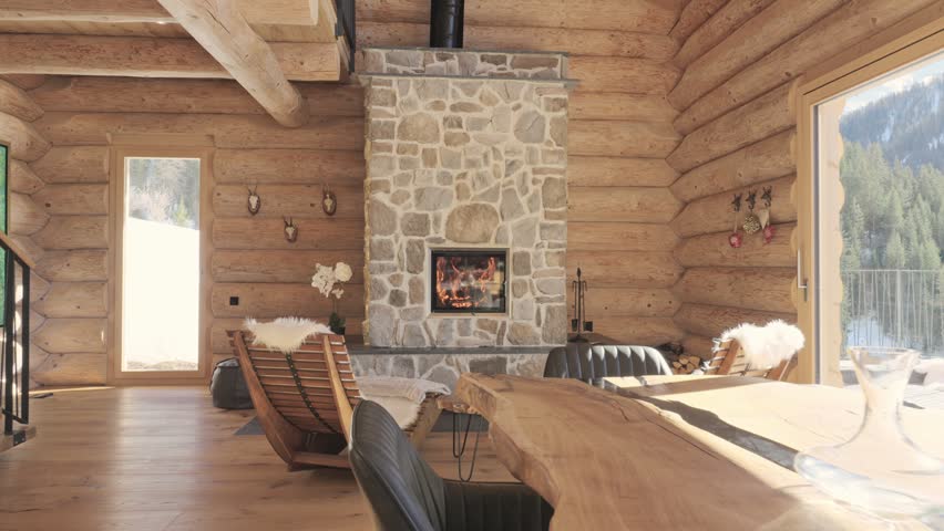 Dolly shot approaching a stone fireplace with a crackling fire inside a rustic wooden mountain lodge