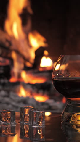 Glass with whiskey or cognac. Burning Fire In The Fireplace. Warmth and home comfort, vertical footage