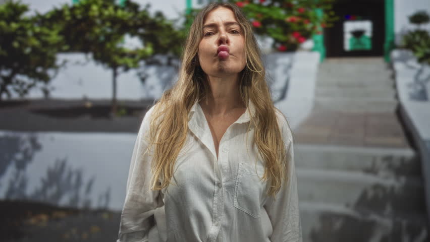 Woman smiles with face visible and white shirt, stands on building steps with potted plants and concrete stairs behind; serenity warmth.