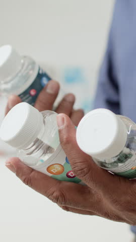 Vertical close up shot of anonymous man holding multiple medication bottles in hand and reading labels while choosing multivitamins for matures