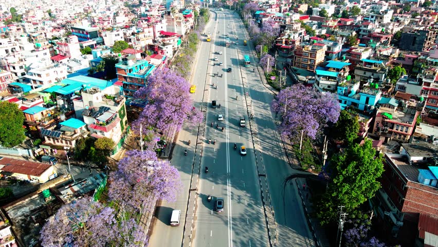 Drone View of Blossom-Lined Ring Road, Lalitpur, Nepal