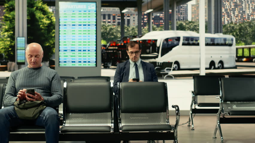 Modern bus station with people in motion near chairs and departure board, long-haul journey. Diverse travelers with carry-on bags preparing for interstate coach travel, affordable connections.