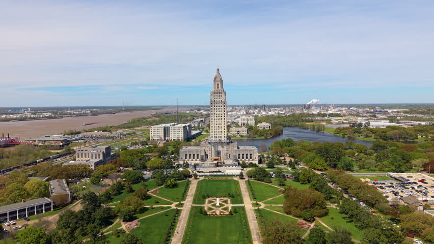 Historic and modern architecture in Baton Rouge, Louisiana. Aerial view of government buildings, streets and city center skyline.