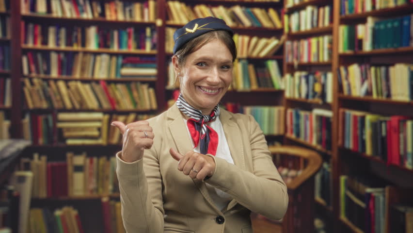 Woman flight attendant with thumbs up gesture, smiling, wearing uniform hat and scarf in a library building; friendly service.