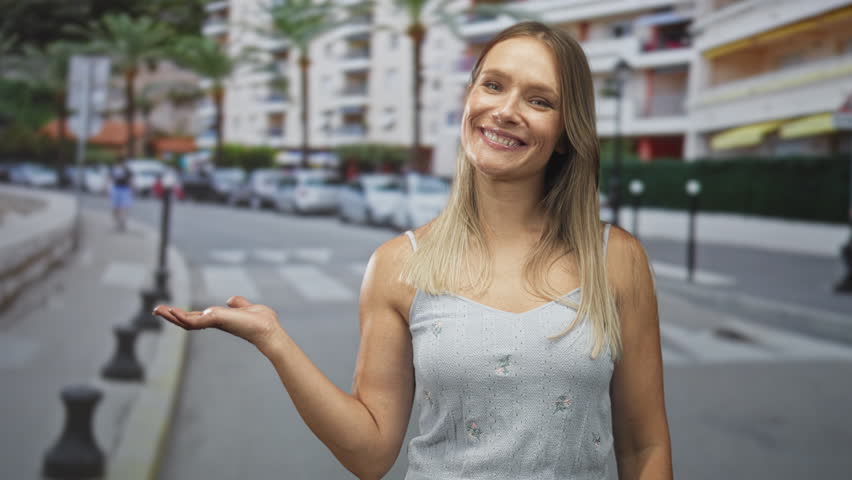 Woman showing hand palm up while smiling in a sleeveless top on a city street lined with parked cars and apartment balconies; welcoming invitation.