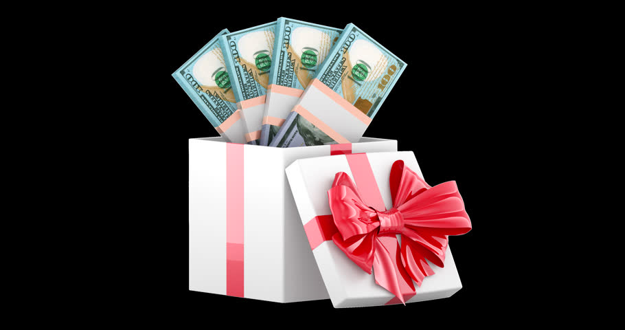 Gift box with dollar bills rotation animation seamlessly loopable. 3D rendering isolated on transparent background