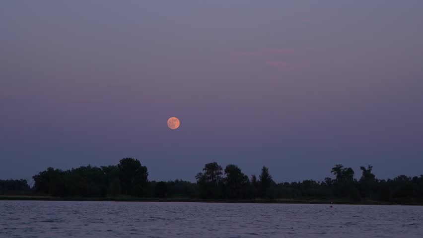 Full Moon Rising Over Dutch River During Blue Hour

A cinematic evening shot of a large full moon rising over the horizon of a wide river in the Netherlands, captured during the blue hour with a deep purple sky and the dark silhouettes of trees reflecting on the calm water surface.