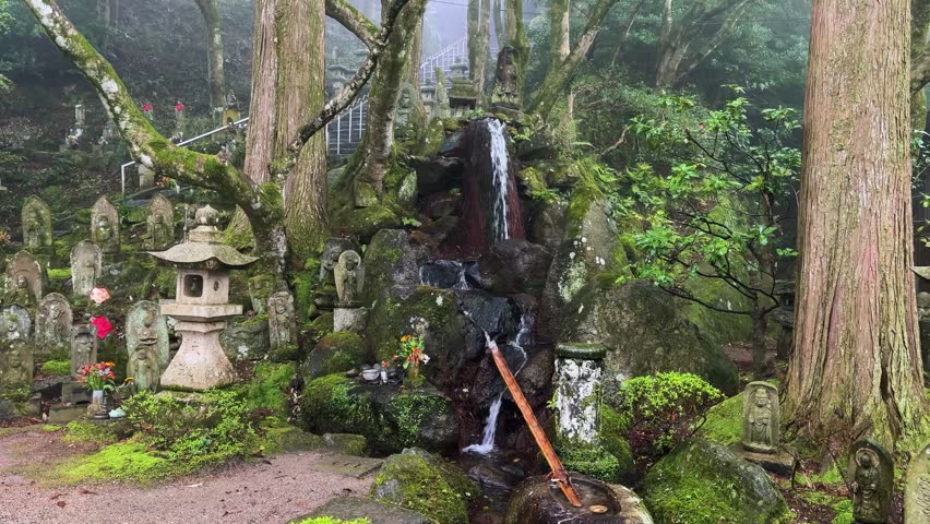 Mossy stone Rakan and Buddhist statues stand on the green hillside of Raizan Sennyoji Daihioin temple grounds in Fukuoka, Japan. A small natural mountain waterfall flows into a stream through a bamboo pipe among ancient monuments. Traditional stone lanterns and vibrant flowers decorate the territory of the historic religious sanctuary. Old tall trees and dense forest vegetation create a peaceful and authentic asian atmosphere in the woods.