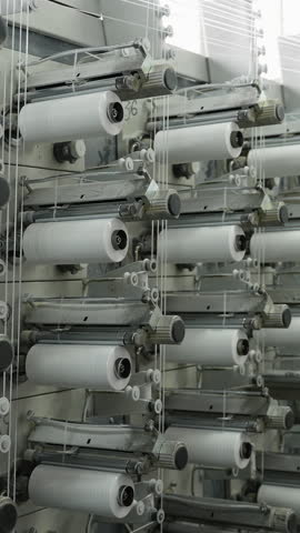 Polypropylene threads winding on industrial weaving loom machine