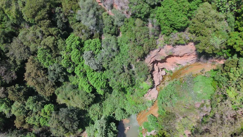 Top down drone footage of the natural landscape around Kalamaris Waterfall in the Peloponnese, Greece, near Gialova. The aerial view shows dense Mediterranean forest, green vegetation, rocky cliffs, rugged terrain and a hidden gorge where the waterfall descends through the landscape. This scenic nature clip is suitable for travel videos, ecotourism projects, environmental documentaries, natural background footage, wilderness themes and content about secluded destinations in Greece.