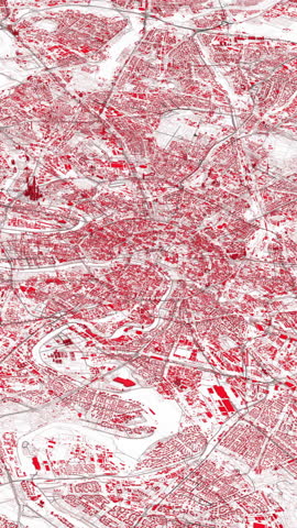 Night aerial view of Moscow with red buildings.
