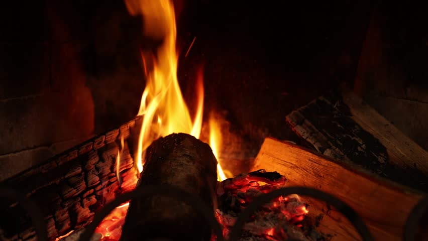 Wood burning in fireplace at home, closeup