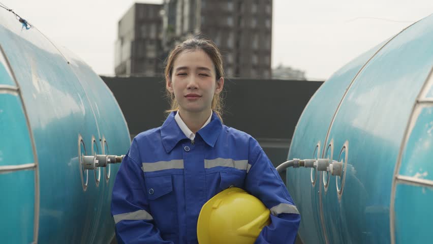 Portrait of a smiling female engineer in a hardhat and blue uniform standing with arms crossed at an industrial rooftop facility with water tanks.