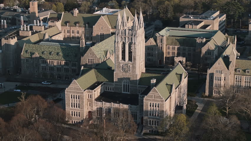 Aerial view of Boston College at dusk