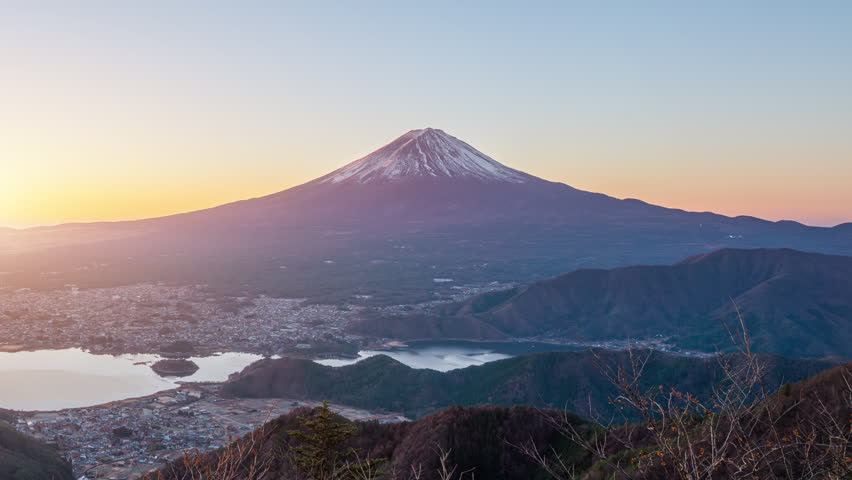 Time lapse of Mount Fuji at sunrise, Japan.