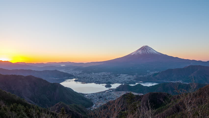 Time lapse of Mount Fuji at sunrise, Japan.