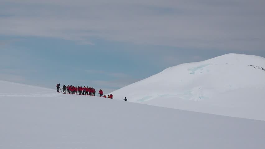 A group of people in bright jackets walk together over the vast white snow toward a tall mountain. The sky is gray and cloudy as they make their way through Antarctica.