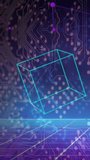 Vertical video: On load, cyan wireframe cube appearing, rotating and drifting over neon grid. Glow, hologram, mesh, circuit, particles, horizon, vertical video - Powered by Shutterstock - Get 15% off with code: PIKWIZARD15
