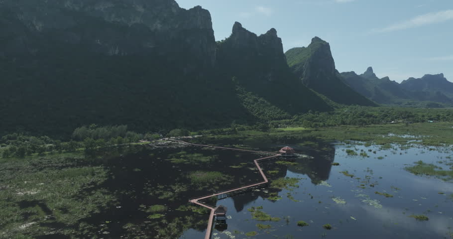 An elevated view of a wooden walkway traversing a calm lotusfilled marshland with towering jagged karst peaks under clear daylight.