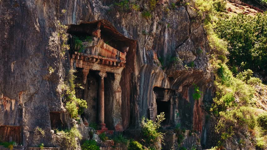 Aerial view Lycian ancient old Tombs around Fethiye Turkey.
