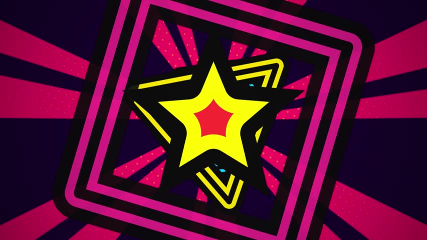 A dynamic looping animation featuring a central pulsing yellow and red star inside a blue hexagon. The background consists of radiating colorful lines and retro comic book style halftone dots creating a vibrant pop art aesthetic.