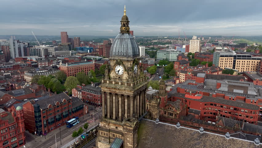Leeds town hall clock tower Drone aerial view. Yorkshire, England.