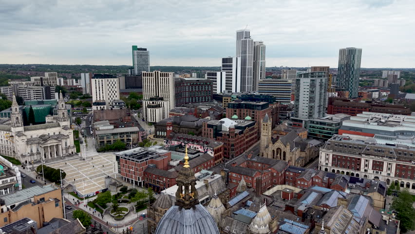 Leeds town hall clock tower aerial view overlooking the city centre in west yorkshire