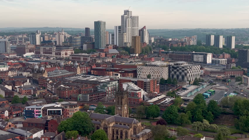 Leeds city centre aerial view showing modern buildings and historic architecture