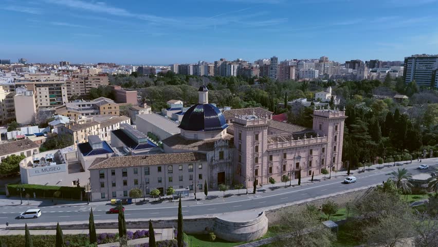 Aerial Drone View of Museo de Bellas Artes Valencia Spain on Sunny Day
