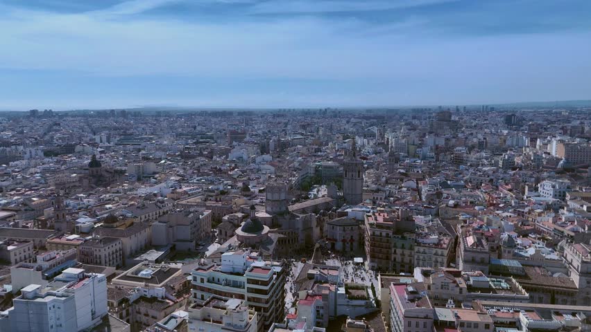 Aerial Drone View of Valencia Cathedral and City Center Spain
