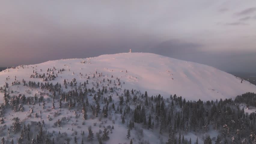 Arctic winter dawn: Panoramic aerial of Luosto fell and frozen forests of Finland