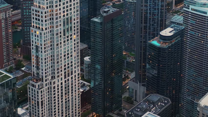 Top-down aerial view of dense residential and commercial high-rise buildings in downtown Chicago.