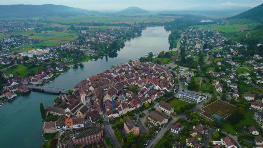 Aerial panorama view beside the old town of the city Stein am Rhein
 in Switzerland on a cloudy morning in summer.