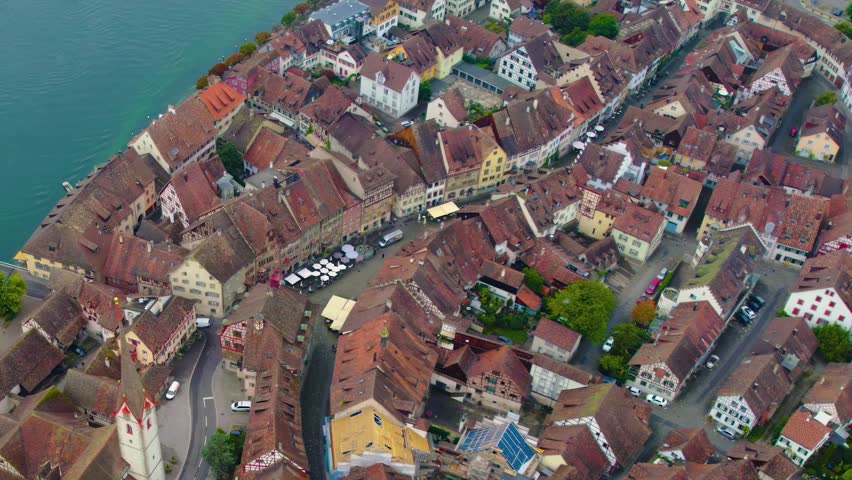 Aerial panorama view beside the old town of the city Stein am Rhein
 in Switzerland on a cloudy morning in summer.