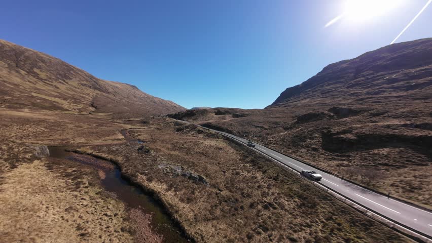 High-speed cinematic FPV drone footage captured in Glencoe, one of Scotland’s most iconic mountain landscapes. Dynamic low-level drone flight along the River Coe.