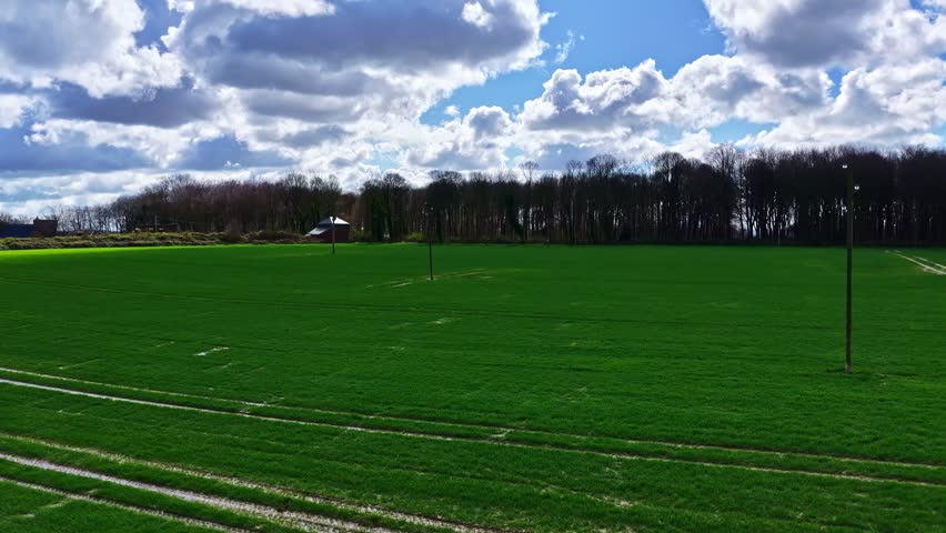 Wide green field under a cloudy blue sky, showcasing peaceful natural scenery.