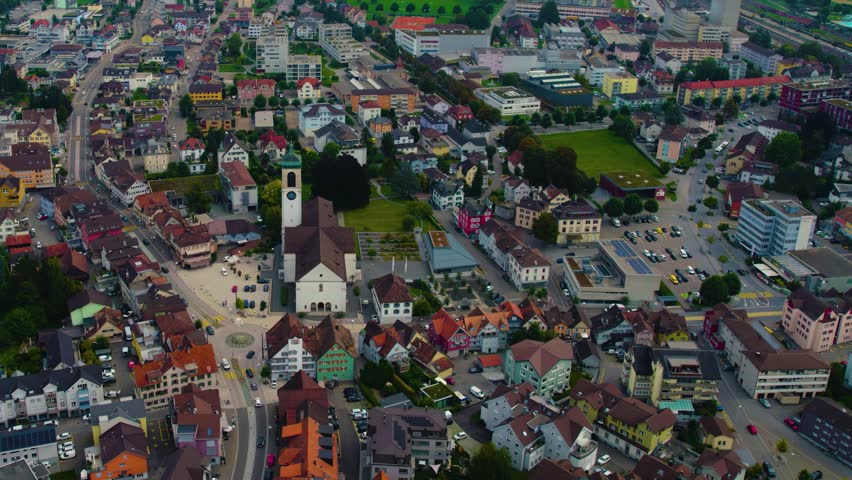 Aerial view around the city Gossau in Switzerland on a overcast day in summer.